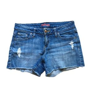 Refuge Cotton and Spandex Medium Blue Wash Color Jean Shorts with Raw Frayed Hem